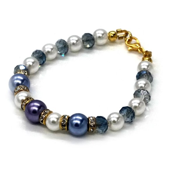 My Bead Emporium Jewelry - Bracelet Pearls Rhinestones Bead Caps Blue Purple White Gold Lobster Clasp